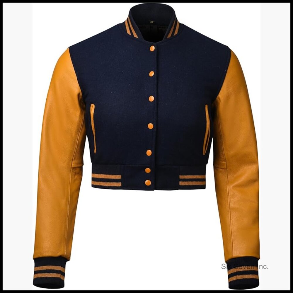 Cropped Varsity Jacket with Wool Body and Genuine Cowhide Leather Sleeves